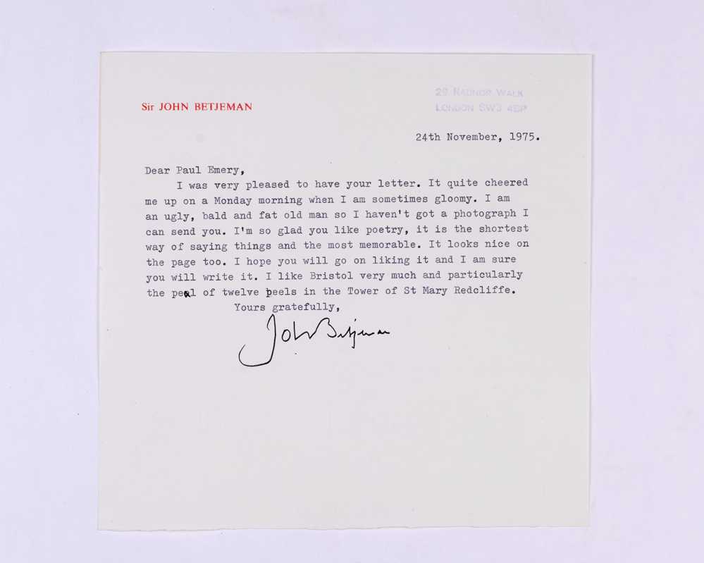 BETJEMAN, John TLS to Paul Emery