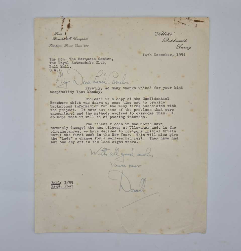 CAMPBELL, Donald ALS to Lord Camden regarding his plans and trials in ‘Bluebird’