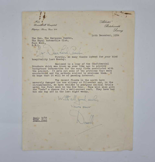 CAMPBELL, Donald ALS to Lord Camden regarding his plans and trials in ‘Bluebird’