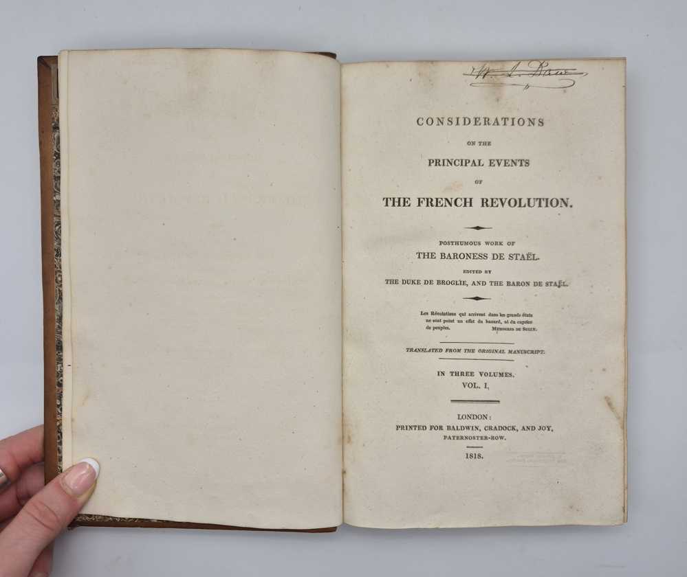 DE STAËL, Baroness de Considerations on the Principal Events of the French Revolution.
