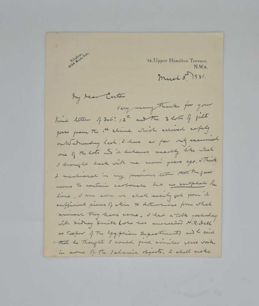 [CARTER, Howard] ALS from Alexander Scott to Howard Carter regarding the pigmentation in the tombs