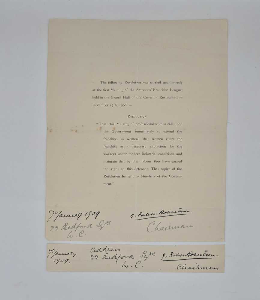 FORBES-ROBERTSON, Sir Johnston Printed note regarding a resolution at the Actresses Franchise League