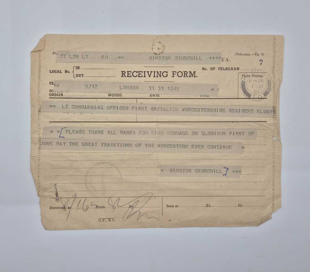 CHURCHILL, Winston An original telegram to the Lt Commanding Officer in the First Battalion Worcestershire Regiment in Kluang