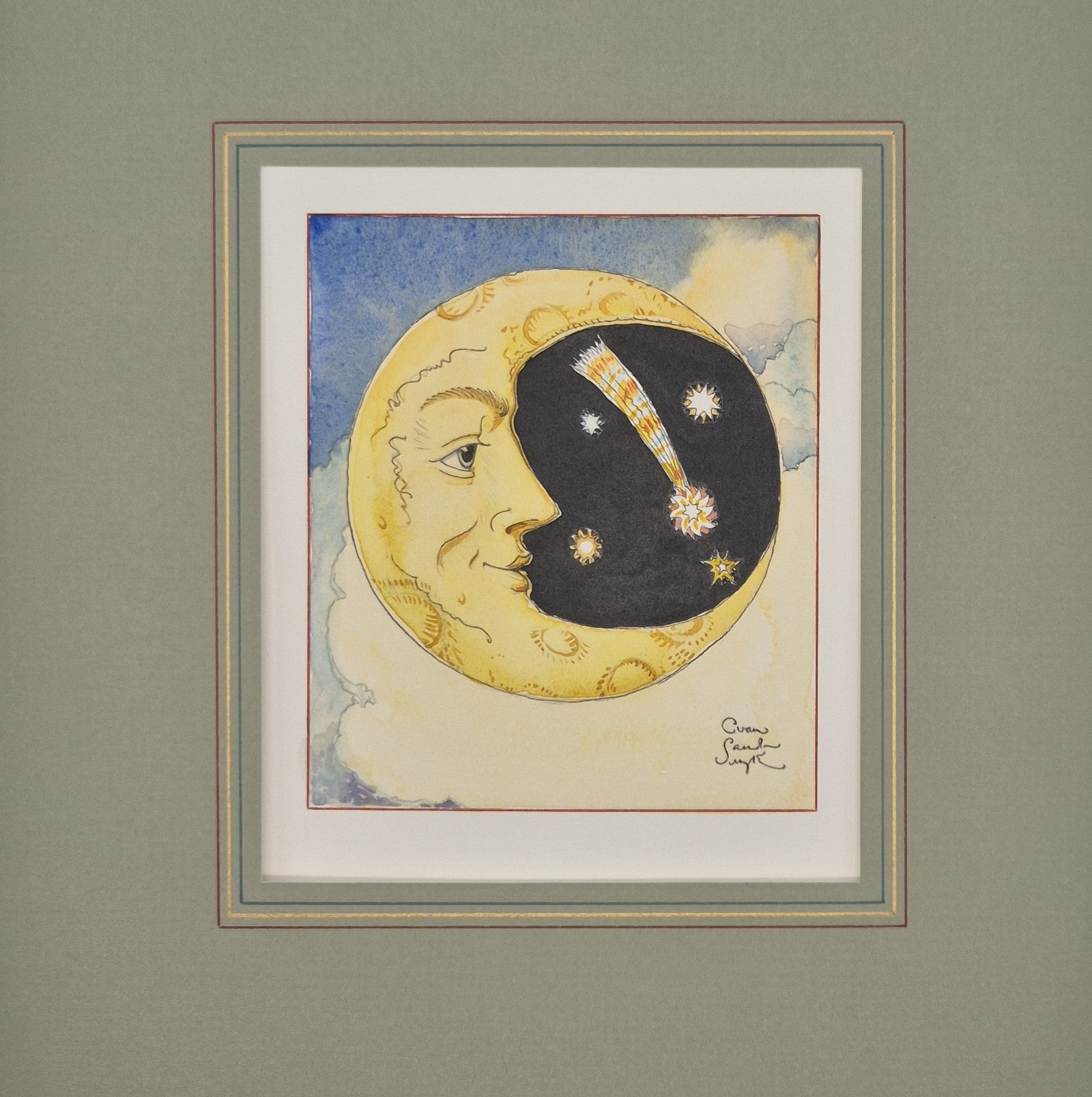 Crescent moon with clouds and shooting stars