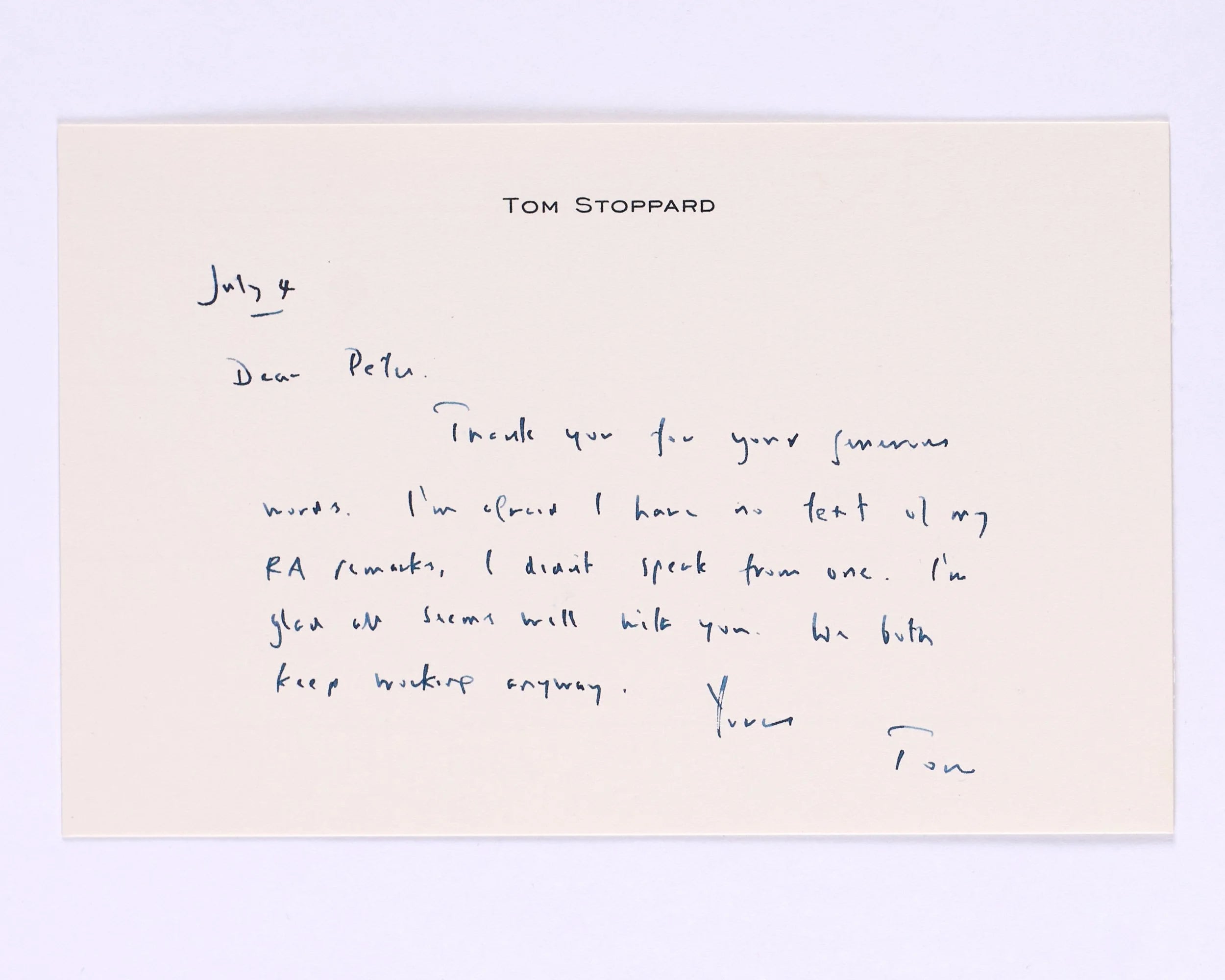 Signed notecard to ‘Peter’