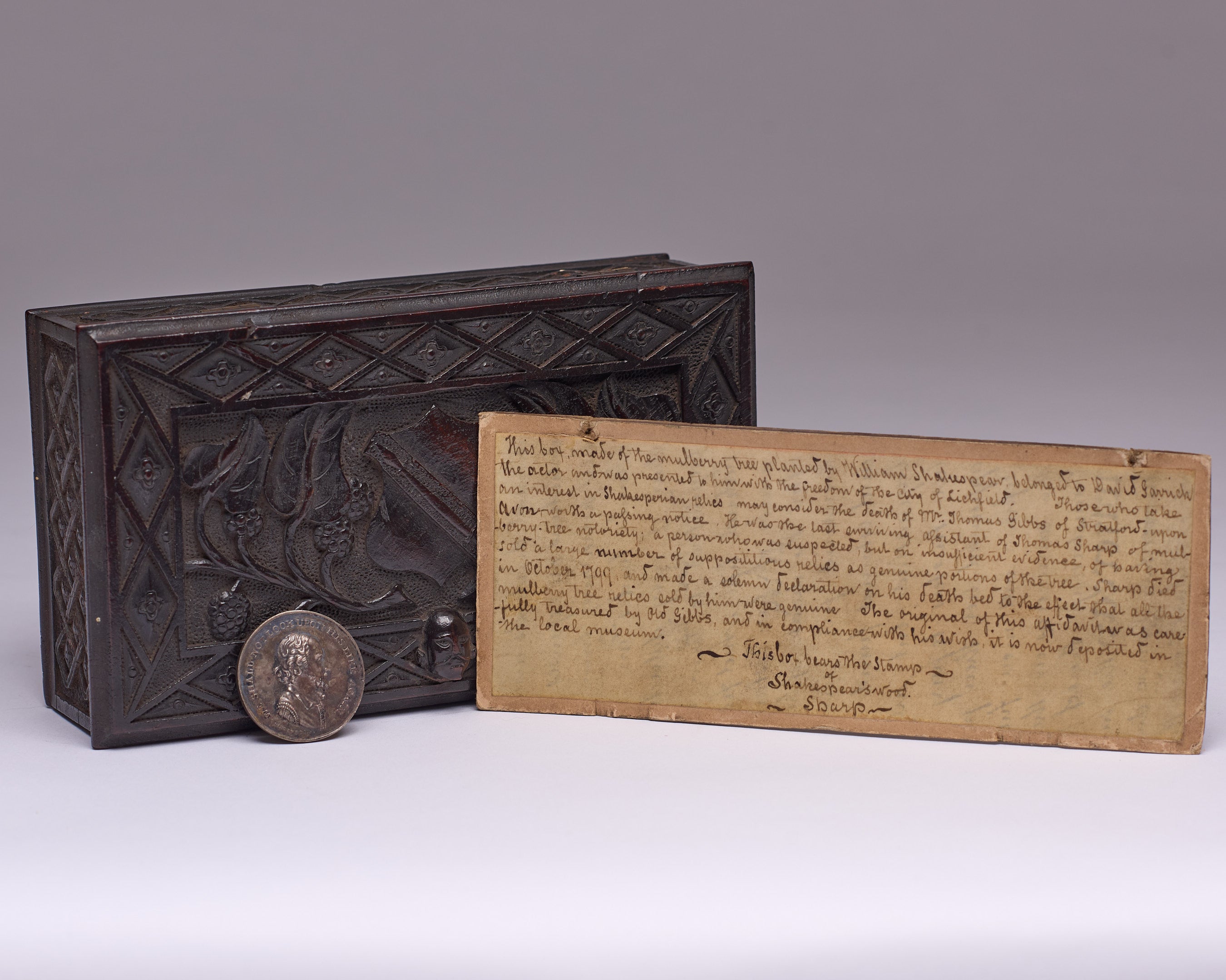 An ornately carved mulberry relic box, purportedly from the wood of Shakespeare’s Tree