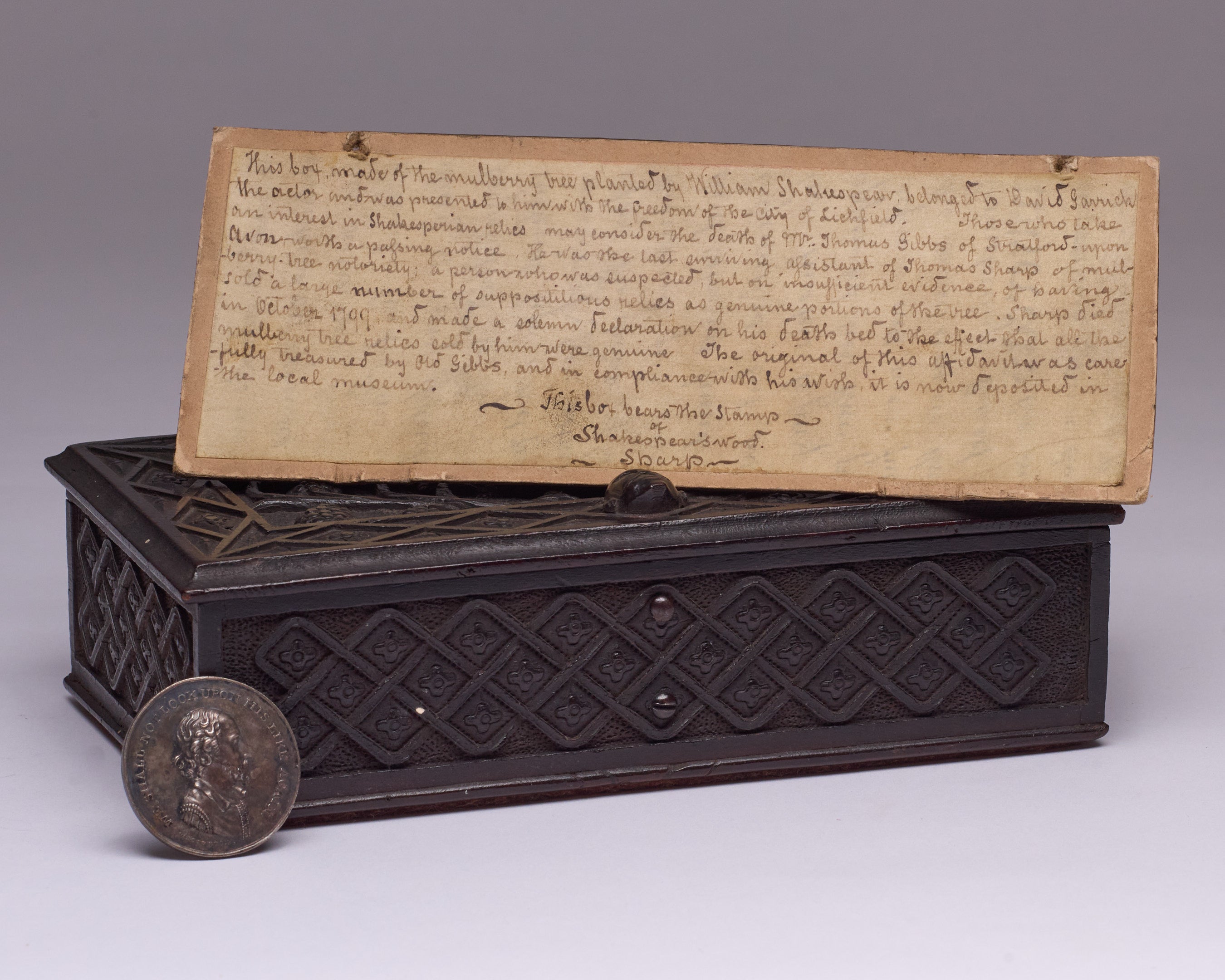 An ornately carved mulberry relic box, purportedly from the wood of Shakespeare’s Tree