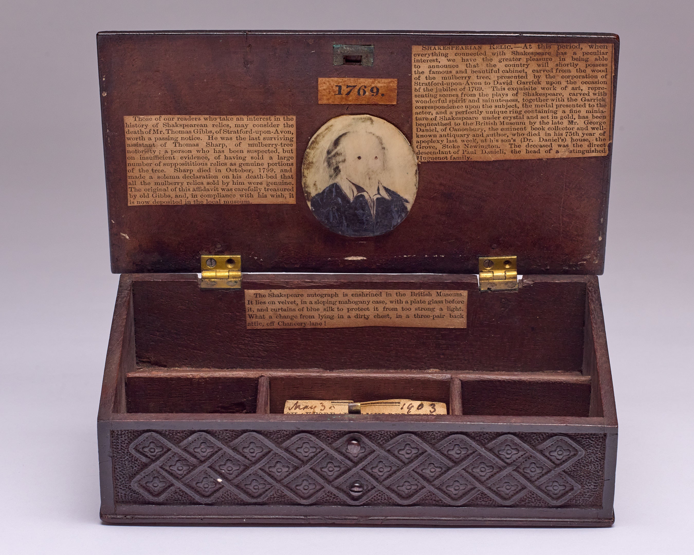 An ornately carved mulberry relic box, purportedly from the wood of Shakespeare’s Tree