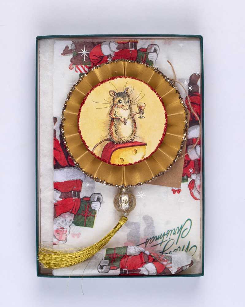 VAN SANDWYK, Charles An original, handmade Christmas decoration showing a mouse holding a glass of red wine and another with Christmas antlers