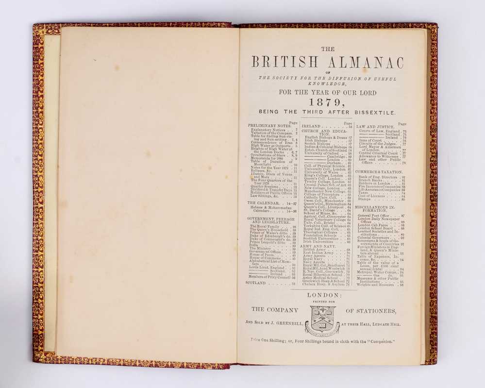 [QUEEN VICTORIA] The British Almanack of the Society for the Diffusion of Useful Knowledge, for the Year of our Lord 1879, being the third after Bissextile [bound with] The Fifty-Second Year. Companion to the Almanack; or, Year-Book of General Informatio…