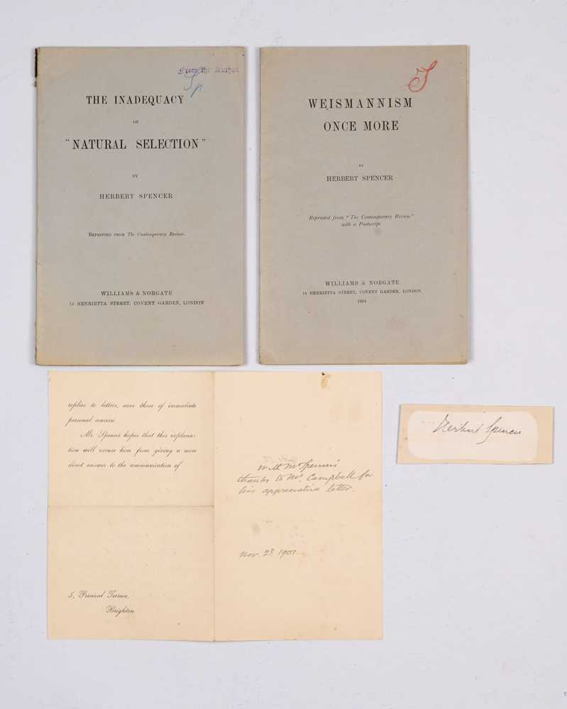 SPENCER, Herbert The Inadequacy of “Natural Selection”, reprinted from The Contemporary Review [with] Weismannism Once More reprinted from The Contemporary Review with a Postscript [and] A Secretarial Note to Mr Campbell dated 1907 [and] author’s clipped…